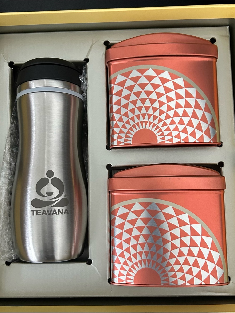 Teavana Stainless Tumbler with Coral Patterned Tea Canisters